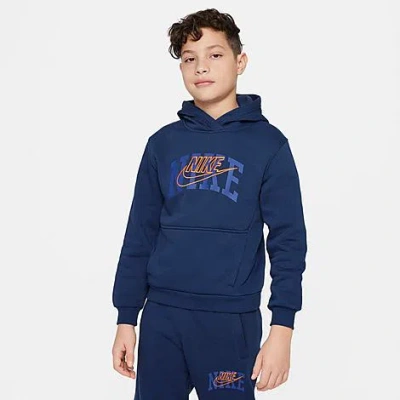 Nike Kids' Sportswear Club Fleece Arch Logo Pullover Hoodie Size Medium Cotton/polyester/fleece In Blue
