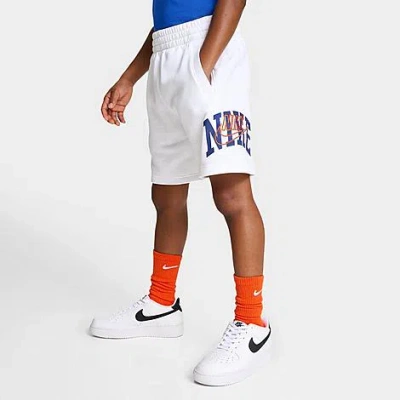 Nike Kids' Sportswear Club Fleece Arch Logo Shorts In White/safety Orange