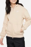 Nike Sportswear Club Fleece Big Kids' Oversized Full-zip Hoodie In Sanddrift/white
