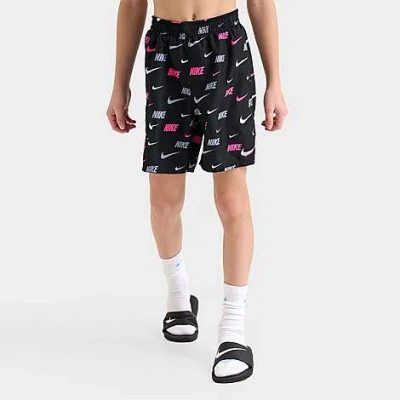 Nike Kids' Swoosh Allover Print Swim Shorts In Black/white/pink