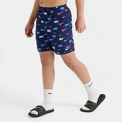 Nike Kids' Swoosh Allover Print Swim Shorts In Navy/pink/university Blue
