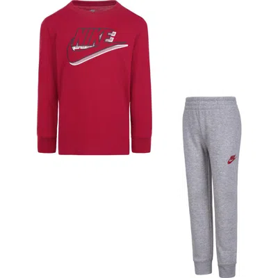 Nike Kids' Swoosh Long Sleeve Tee & Fleece Joggers Set In Dark Grey Heather