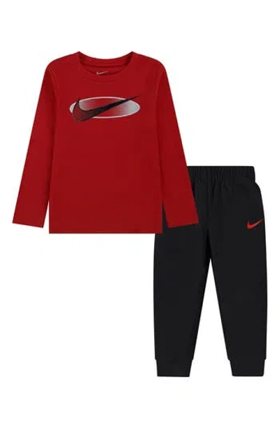 Nike Kids' Swoosh Long Sleeve Tee & Joggers Set In Gym Red/black