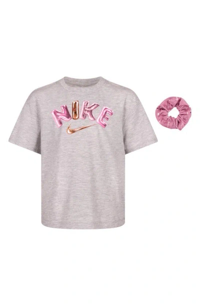 Nike Kids' Swoosh Party T-shirt & Scrunchie Set In Light Smoke Grey Heather