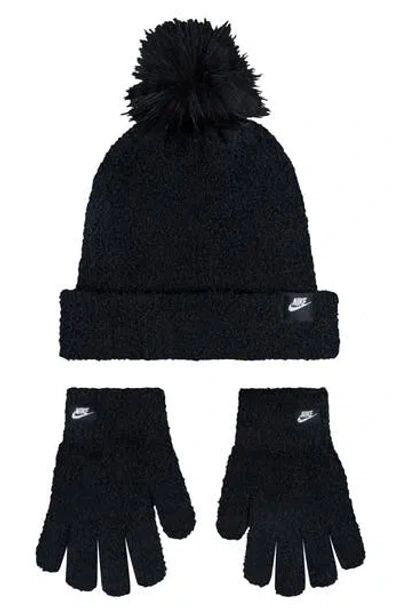 Nike Kids' Swoosh Pom Plush Beanie & Gloves Set In Black