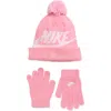 Nike Kids' Swoosh Pompom Beanie & Gloves Set In Pink