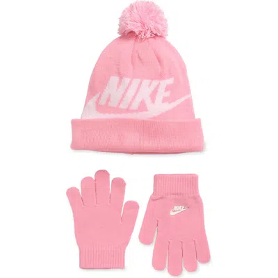 Nike Kids' Swoosh Pompom Beanie & Gloves Set In Pink