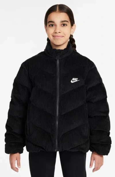 Nike Kids' Swoosh Quilted Corduroy Puffer Jacket In Black