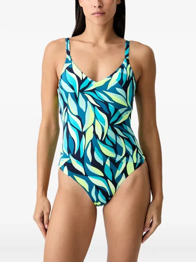 Nike Leaf-print Swimsuit In Blue