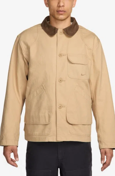 Nike Life Flannel Lined Stretch Cotton Blend Canvas Barn Coat In Sesame/sesame
