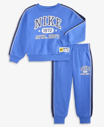 Nike Kids' Little And Toddler Boys 2-piece Sportswear P.e. French Terry Crewneck Top And Pant Set In Blue