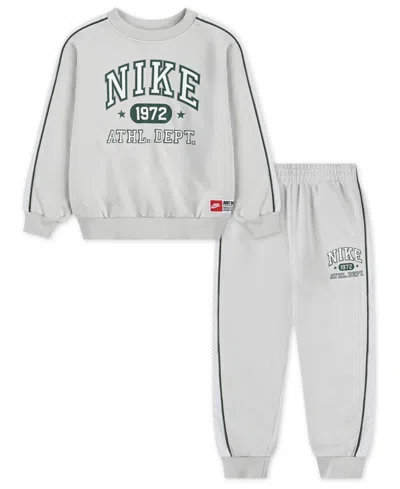 Nike Kids' Little And Toddler Boys 2-piece Sportswear P.e. French Terry Crewneck Top And Pant Set In Gray