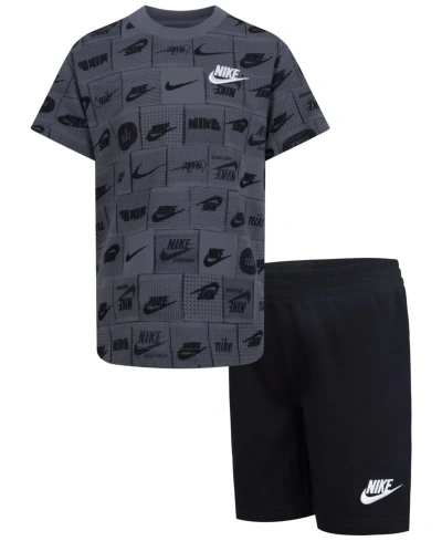 Nike Kids' Little Boys All-over Print T-shirt And Shorts, 2 Piece Set In Black