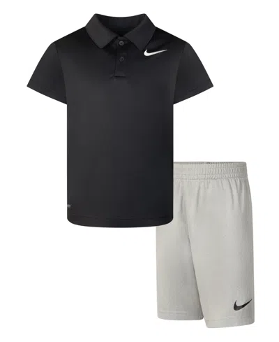 Nike Kids' Little Boys Dri-fit Polo T-shirt And Shorts, 2-piece Set In Dk Grey Heather,black