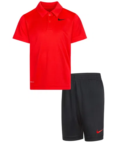 Nike Kids' Little Boys Dri-fit Polo T-shirt And Shorts, 2-piece Set In University Red,black