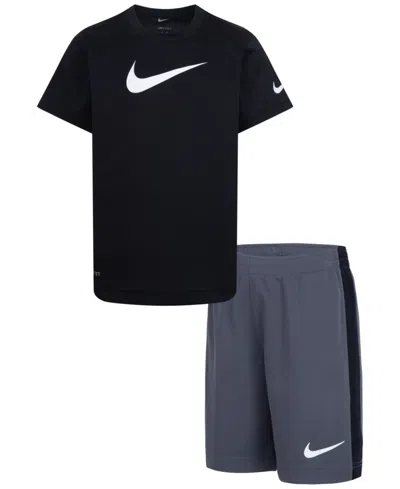 Nike Kids' Little Boys Dri-fit Swoosh T-shirt & Shorts, 2 Piece Set In Dark Gray