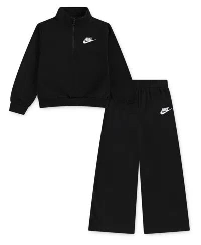 Nike Kids' Little Girls 2-piece Wide Leg Club Fleece Top And Pants Set In Black