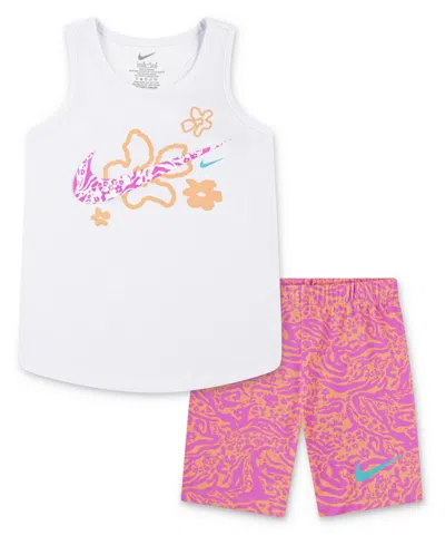 Nike Kids' Little Girls 2-piece Wild Flower Printed Bike Shorts Set In Apricot Agate