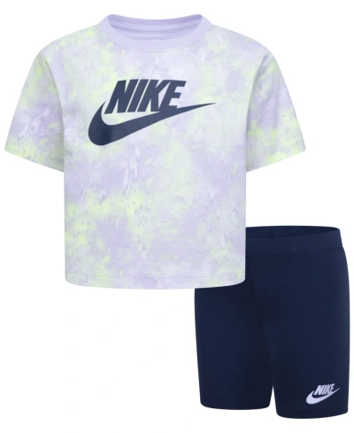 Nike Kids' Little Girls Boxy T-shirt And Bike Shorts Set In Midnight Navy