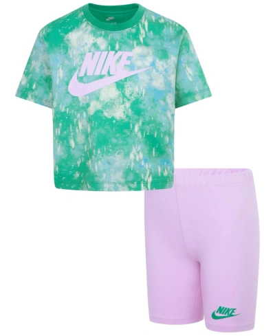 Nike Kids' Little Girls Boxy T-shirt And Bike Shorts Set In Pink Rise