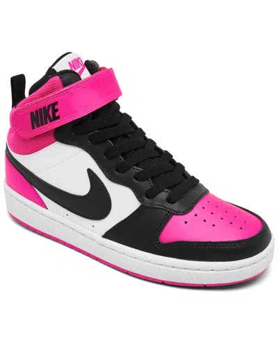 Nike Kids' Little Girls Court Borough Mid 2 Stay-put Closure Casual Sneakers From Finish Line In White,aster Pink,black
