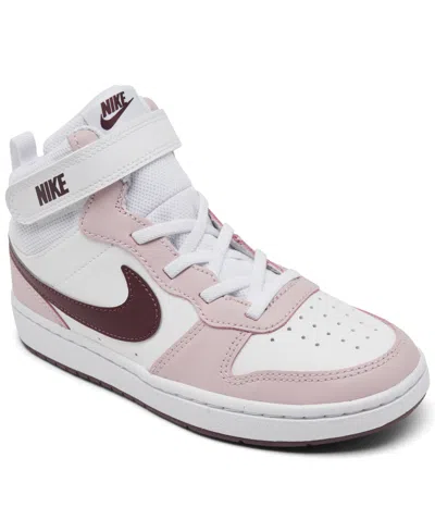 Nike Kids' Little Girls Court Borough Mid 2 Stay-put Closure Casual Sneakers From Finish Line In White,violet