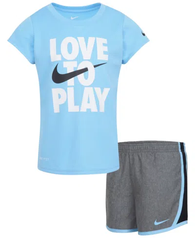 Nike Kids' Little Girls Dri-fit All Day Short Sleeve Tee And Shorts Set In Black Heather