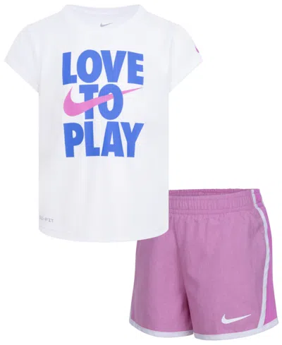 Nike Kids' Little Girls Dri-fit All Day Short Sleeve Tee And Shorts Set In Playful Pink Heather