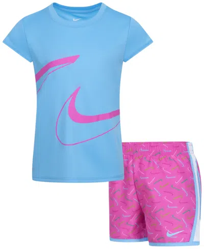 Nike Kids' Little Girls Dri-fit Swoosh Logo Short Sleeve Tee And Printed Shorts Set In Playful Pink