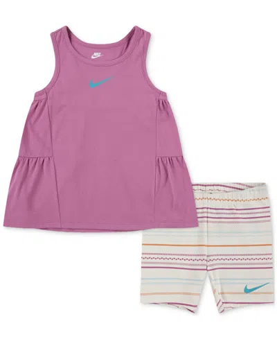 Nike Kids' Little Girls Sunny Swoosh Tank Top & Bike Shorts, 2 Piece Set In Pink
