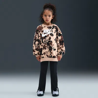 Nike Little Kids' Floral Camo Crew And Leggings Set In Brown