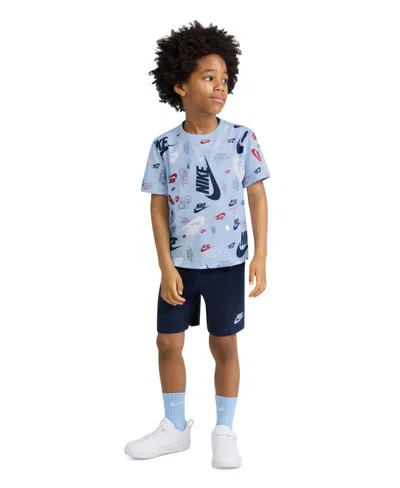 Nike Little Kids Printed T-shirt & Lightweight French Terry Shorts, 2 Piece Set In Blue