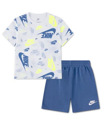 Nike Little Kids Printed T-shirt & Lightweight French Terry Shorts, 2 Piece Set In Blue