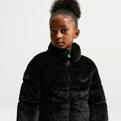 Nike Little Kids' Quilted Faux Fur Jacket In Black