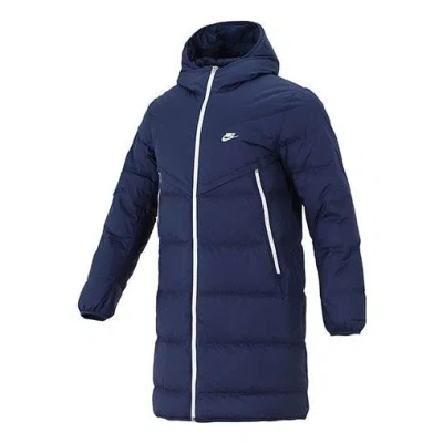 Nike Logo Mid-length Sports Hooded Down Jacket Navy Blue