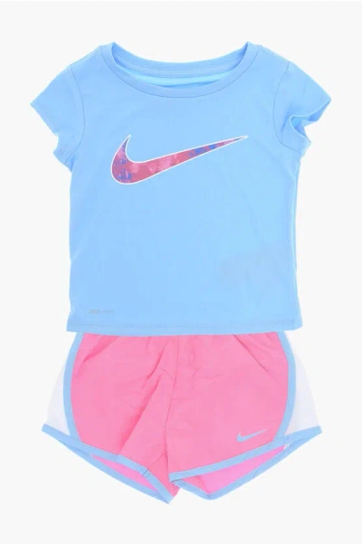 Nike Kids' Logo Printed Shorts And Crew-neck T-shirt Set In Blue
