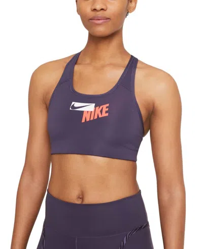 Nike Logo Racerback Medium Impact Sports Bra In Dark Raisin/bright Mango/white In Multi
