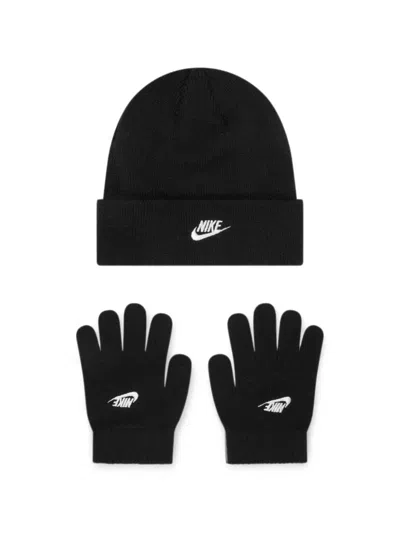 Nike Babies' Logo-embroidered Beanie Hat And Gloves Set In Black