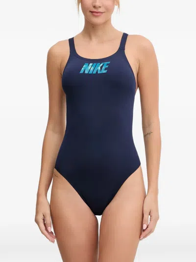Nike Logo-print Crossover Swimsuit In Blue