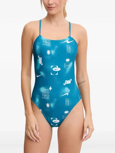 Nike Logo-print Metallic-effect Swimsuit In Red
