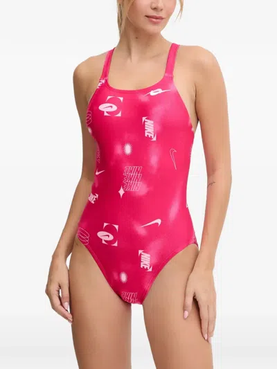 Nike Logo-print Racerback Swimsuit In Pink