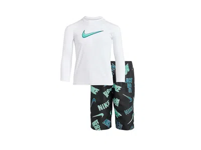 Nike Long Sleeve Hydroguard Top 5 Volley Short Set (big Kid) Boy's Swimwear Black : 7 Little Kid, Polyest In Multi