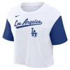 Nike Los Angeles Dodgers Script  Women's Dri-fit Mlb Cropped T-shirt In White