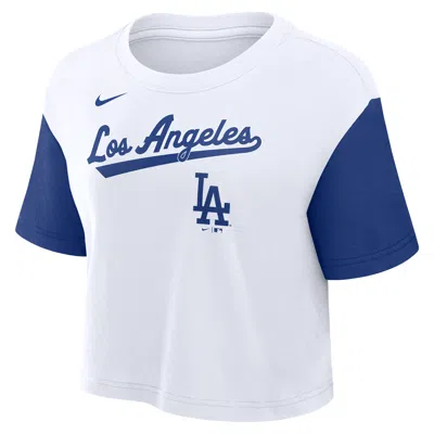 Nike Los Angeles Dodgers Script  Women's Dri-fit Mlb Cropped T-shirt In White