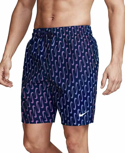 Nike Men's 7" Breaker Linked Swoosh Volley Swim Shorts In Blue