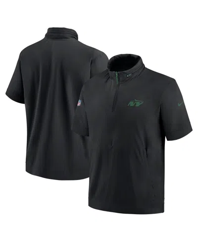 Nike Men's Black New York Jets 2024 Sideline Coach Short Sleeve Half-zip Hoodie Jacket In Black,green