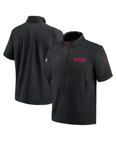 Nike Men's Black San Francisco 49ers 2024 Sideline Coach Short Sleeve Half-zip Hoodie Jacket In Black,red