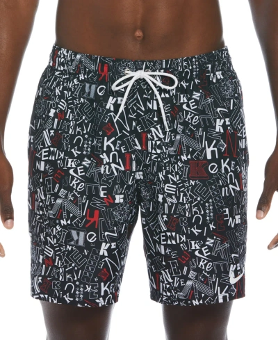 Nike Men's Blender Tossed Logo-print 7" Twill Swim Trunks In Black