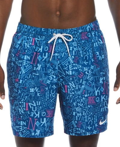 Nike Men's Blender Tossed Logo-print 7" Twill Swim Trunks In Court Blue