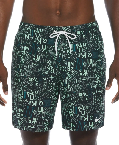 Nike Men's Blender Tossed Logo-print 7" Twill Swim Trunks In Vapor Green